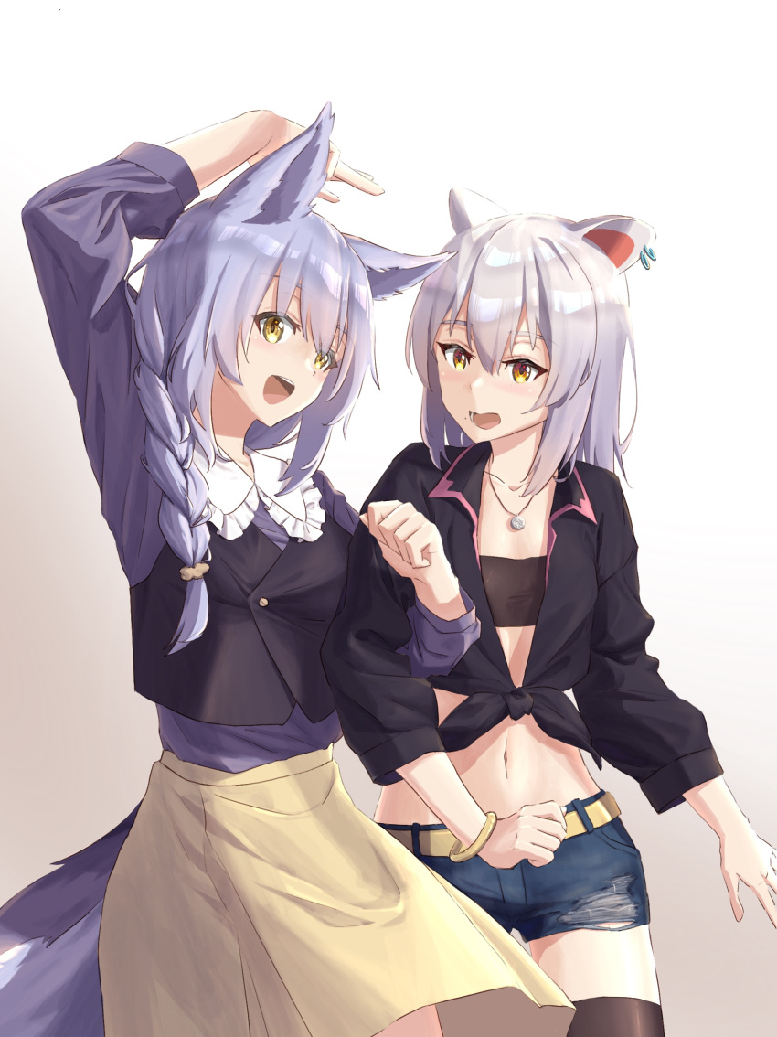 2girls absurdres alternate_costume animal_ears arknights blush braid commentary_request earrings french_braid highres itsuki_(tanakaitsukiiii) jewelry locked_arms midriff mouse_ears mouse_girl multiple_girls navel necklace provence_(arknights) purple_hair scavenger_(arknights) tail white_background white_hair wolf_ears wolf_girl wolf_tail