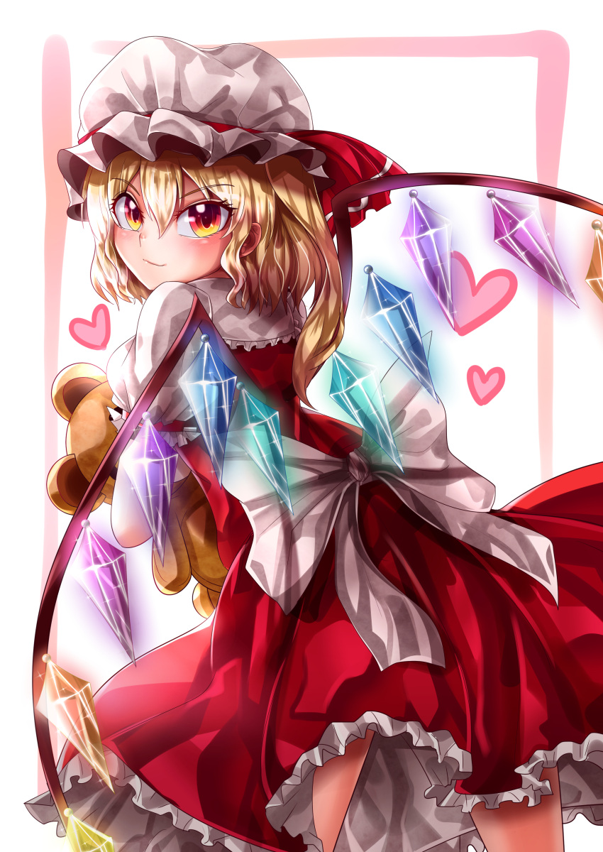 1girl absurdres back_bow blonde_hair bow closed_mouth commentary_request cowboy_shot crystal eyebrows_visible_through_hair flandre_scarlet frilled_shirt_collar frilled_skirt frilled_sleeves frills from_behind glowing glowing_wings hair_between_eyes hat hat_ribbon heart highres holding holding_stuffed_toy looking_at_viewer looking_back maboroshi_mochi medium_hair mob_cap multicolored_wings orange_eyes puffy_short_sleeves puffy_sleeves red_ribbon red_skirt red_vest ribbon shiny shiny_hair shirt short_sleeves side_ponytail simple_background skirt skirt_set smile solo stuffed_animal stuffed_toy teddy_bear touhou vest white_background white_bow white_headwear white_shirt wings