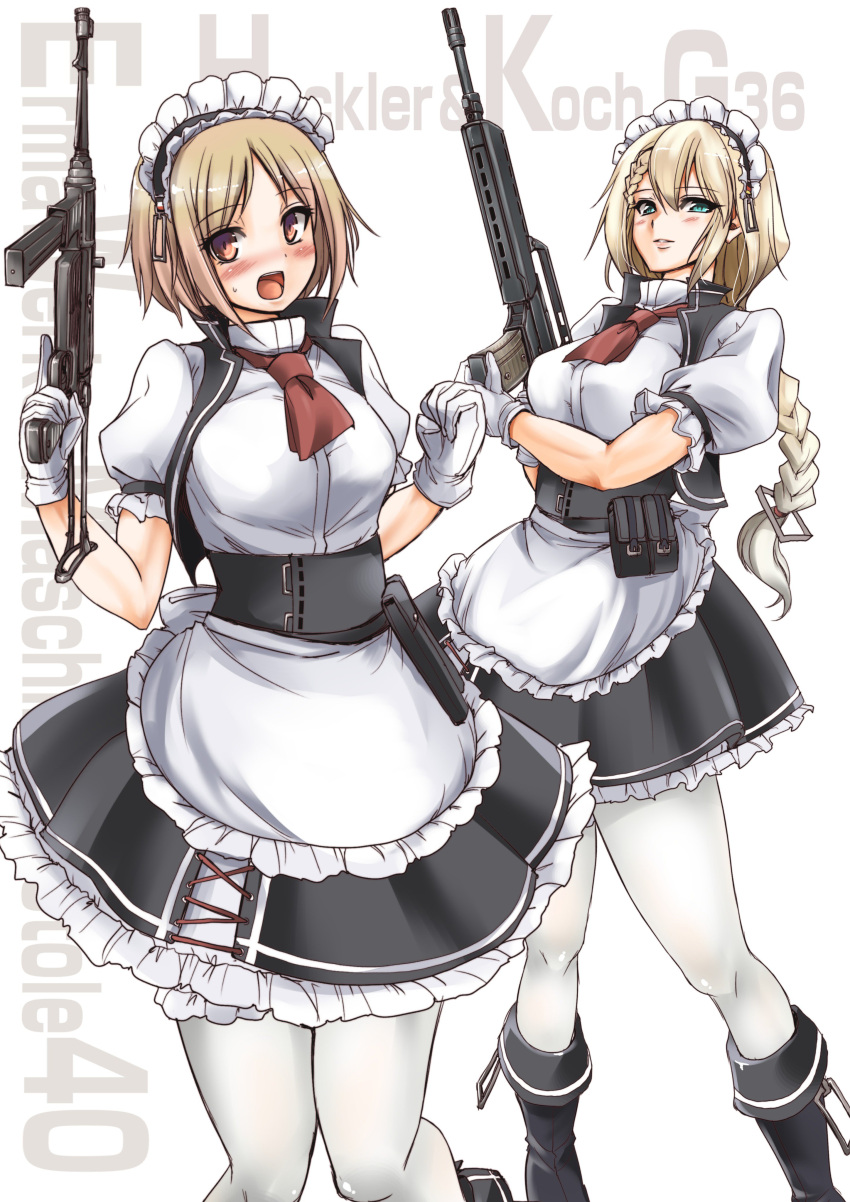 2girls absurdres ammunition_pouch apron arekishi_raiho arm_under_breasts assault_rifle bangs blonde_hair blush boots braid braided_ponytail character_name clenched_hand corset eyebrows_visible_through_hair frilled_skirt frills g36_(girls'_frontline) girls_frontline gloves green_eyes gun h&amp;k_g36 highres holding holding_weapon knee_boots knees_together_feet_apart maid maid_apron maid_headdress mp40 mp40_(girls'_frontline) multiple_girls neckerchief pantyhose pouch puffy_short_sleeves puffy_sleeves red_neckerchief reloading rifle shirt short_sleeves skirt smile standing strap submachine_gun sweatdrop trigger_discipline weapon white_background white_gloves white_legwear white_shirt yellow_eyes