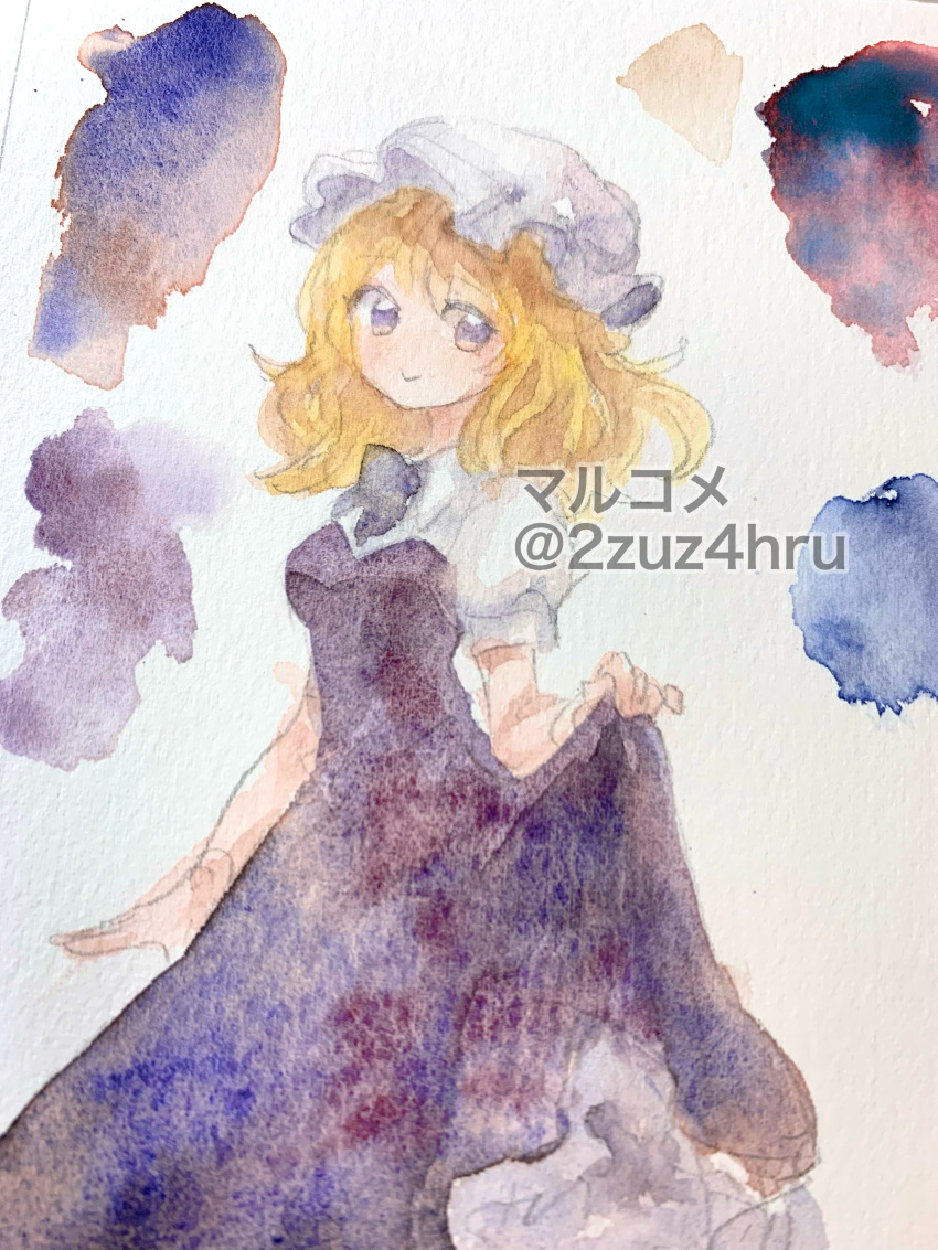 1girl 2zuz4hru absurdres artist_name blonde_hair commentary_request dress hat highres long_dress maribel_hearn mob_cap painting_(medium) puffy_short_sleeves puffy_sleeves purple_dress purple_ribbon ribbon short_sleeves simple_background touhou traditional_media violet_eyes watercolor_(medium) watermark white_background