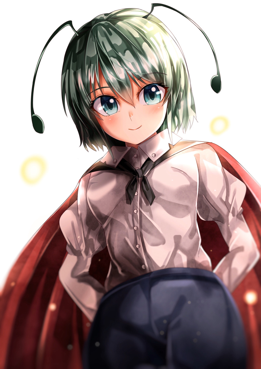 1girl absurdres ambiguous_gender antennae aqua_eyes backlighting blurry blush breasts buttons cape closed_mouth collared_shirt commentary_request cowboy_shot depth_of_field dress_shirt eyebrows_visible_through_hair green_hair hair_between_eyes highres juliet_sleeves long_sleeves looking_at_viewer maboroshi_mochi pants puffy_sleeves red_cape shiny shiny_hair shirt simple_background small_breasts smile solo touhou white_background white_shirt wriggle_nightbug