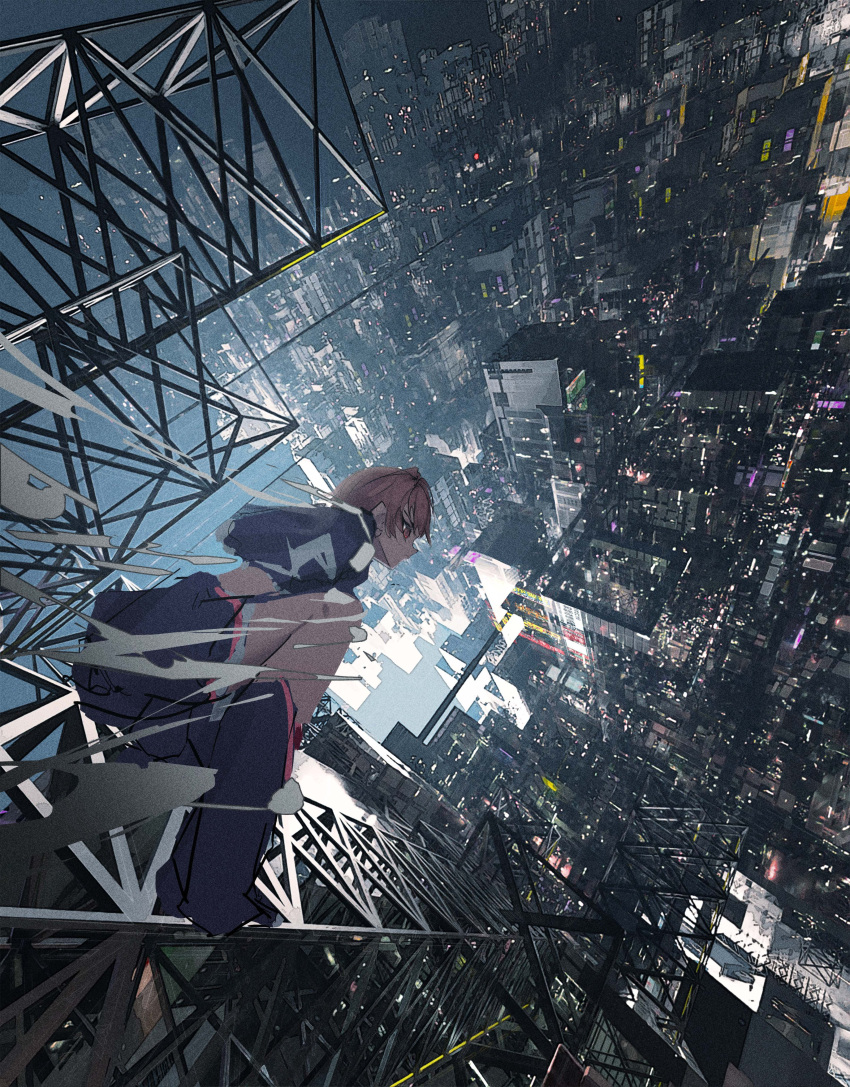 1girl absurdres building cityscape closed_mouth commentary from_above full_body highres houtei9 lights neon_lights orange_hair original outdoors pointy_nose red_eyes scenery short_hair skyscraper solo squatting unfinished