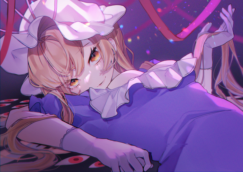 1girl absurdres bangs black_background blonde_hair bow breasts closed_mouth commentary dress eyebrows_visible_through_hair eyes_visible_through_hair gap_(touhou) gloves gradient gradient_background grey_gloves hair_between_eyes hand_up hat hat_bow hat_ribbon highres kappa_mame long_hair looking_at_viewer lying medium_breasts mob_cap on_back pink_bow puffy_short_sleeves puffy_sleeves purple_background purple_dress red_eyes red_ribbon ribbon short_sleeves smile solo tape touhou white_gloves white_headwear yakumo_yukari yellow_eyes