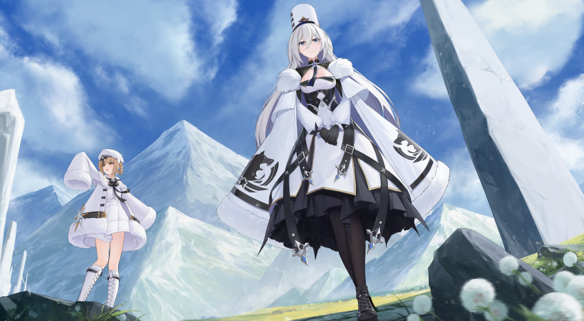 2girls ankle_boots azur_lane bare_legs black_gloves black_legwear blonde_hair blue_sky boots breasts clouds cloudy_sky coat cross-laced_footwear day dress english_commentary gloves grass gremyashchy_(azur_lane) highres knee_boots lace-up_boots large_breasts legs long_hair long_sleeves mountain multiple_girls open_clothes open_coat outdoors revision scenery sky sleeves_past_wrists sovetsky_soyuz_(azur_lane) strap white_coat white_dress white_footwear white_hair white_headwear yu_(want_rou_nai_zi)