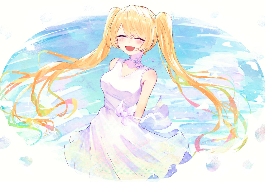 1girl :d absurdres arms_behind_back back_bow bangs bare_arms blonde_hair blush bow choker closed_eyes dress facing_viewer floating_hair flower gradient_hair highres long_hair multicolored_hair original reizouko ribbon_choker sky sleeveless sleeveless_dress smile solo swept_bangs twintails v-neck very_long_hair wind