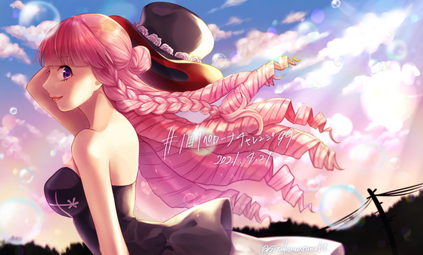 1girl absurdres bare_shoulders black_dress black_headwear braid breasts clouds commentary_request dress drill_hair eyelashes flower hat hat_flower hat_removed headwear_removed highres large_breasts lipstick looking_at_viewer looking_to_the_side makeup one_piece outdoors perona pink_flower pink_hair pink_rose rose side_braid sleeveless sleeveless_dress solo strapless strapless_dress top_hat violet_eyes yuzukin