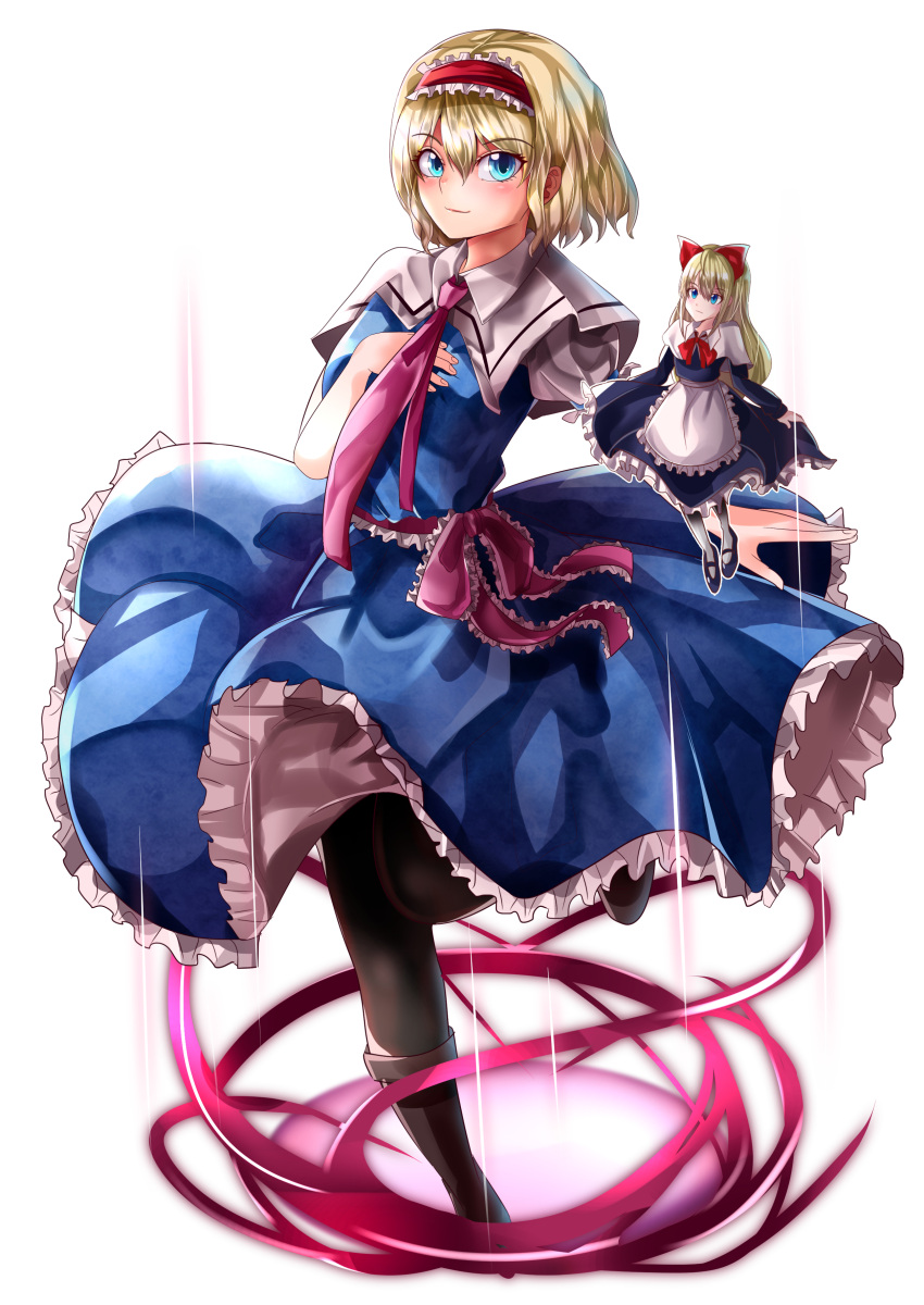absurdres alice_margatroid apron black_footwear black_legwear blonde_hair blue_dress blue_eyes boots bow capelet closed_mouth commentary_request dress eyebrows_visible_through_hair foreshortening frilled_apron frilled_dress frilled_hairband frills hair_between_eyes hair_bow hairband highres looking_at_viewer maboroshi_mochi mary_janes neckerchief necktie pantyhose pink_necktie puffy_short_sleeves puffy_sleeves red_bow red_hairband red_neckerchief shanghai_doll shiny shiny_hair shoes short_hair short_sleeves simple_background smile standing standing_on_one_leg touhou waist_apron white_apron white_background white_capelet white_legwear
