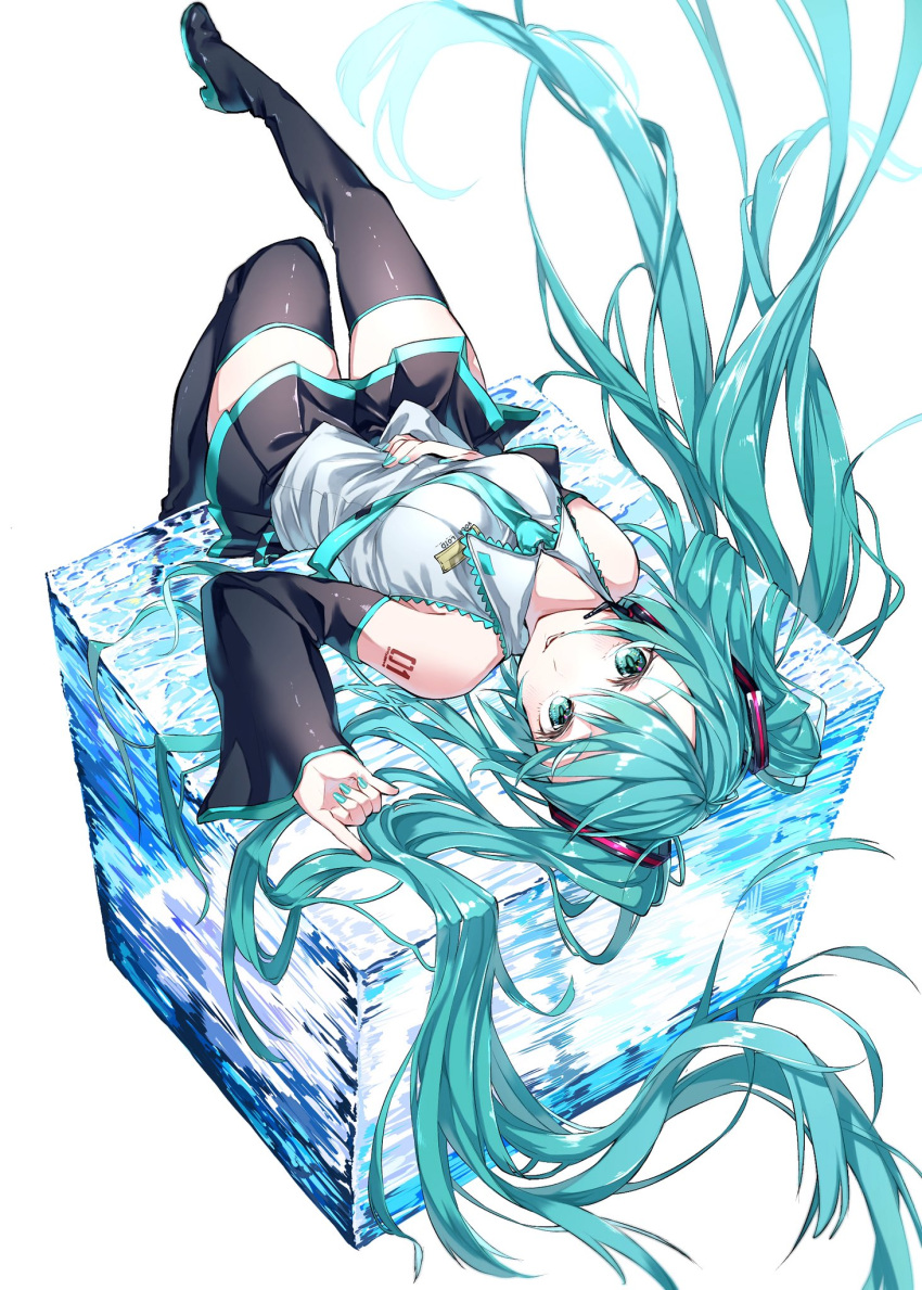 1girl bare_shoulders black_footwear black_skirt black_sleeves blue_nails blue_necktie boots breasts detached_sleeves floating_hair grey_shirt hatsune_miku headphones headset highres hiraki_azi ice leg_up light_blue_eyes light_blue_hair light_blue_nails light_blue_necktie long_hair long_sleeves lying medium_breasts miniskirt necktie on_back pleated_skirt shirt simple_background skirt sleeveless solo thigh-highs thigh_boots twintails very_long_hair vocaloid white_background wide_sleeves zettai_ryouiki