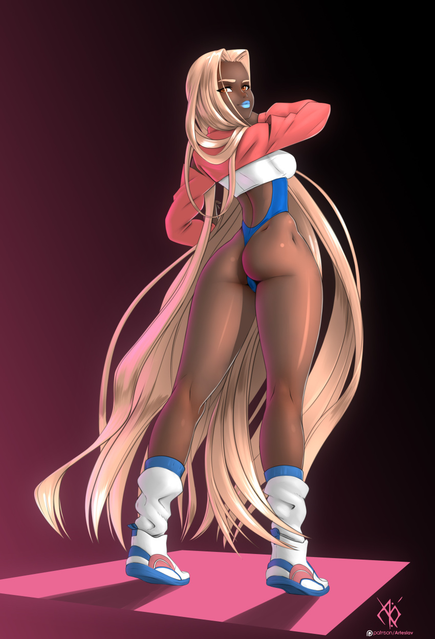 1girl absurdres arteslav artist_name ass athma_(arteslav) bangs blonde_hair breasts brown_eyes closed_mouth commentary cropped_jacket dark-skinned_female dark_skin from_behind full_body highleg highleg_leotard highres jacket leotard lips lipstick long_hair long_sleeves looking_at_viewer looking_back makeup medium_breasts original parted_bangs shiny shiny_hair shiny_skin shoes signature simple_background smile sneakers socks solo thighs very_long_hair white_legwear
