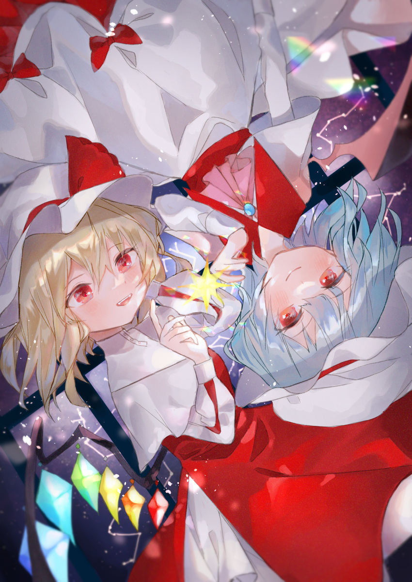 2girls absurdres ascot bat_wings blonde_hair blue_hair bow brooch capelet constellation crystal dress eyebrows_visible_through_hair fangs flandre_scarlet hair_between_eyes hand_up hat hat_ribbon highres jewelry long_sleeves looking_at_another looking_at_object mob_cap multiple_girls omodaka_romu open_mouth pink_ascot rainbow red_bow red_dress red_eyes red_ribbon red_vest remilia_scarlet ribbon rotational_symmetry shirt short_hair siblings sisters smile star_(symbol) symbol-only_commentary teeth touhou upper_teeth vest white_capelet white_dress white_headwear white_shirt window wings