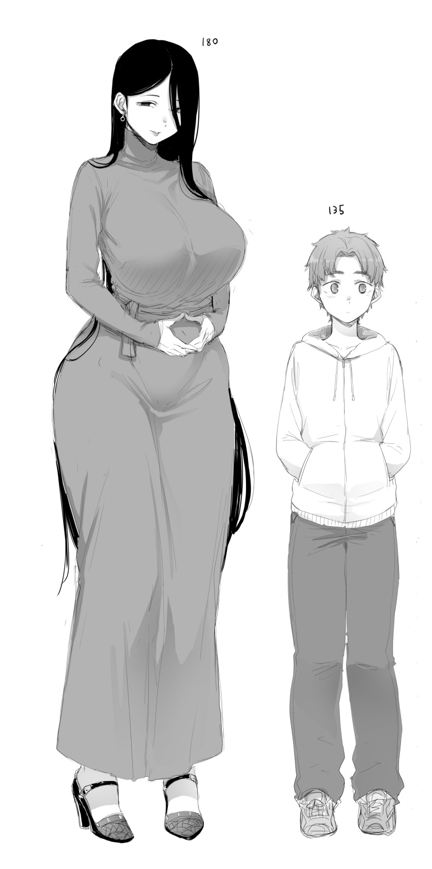 1boy 1girl absurdres bangs breasts curvy full_body greyscale hair_behind_ear hair_over_one_eye hands_in_pockets height_difference high_heels highres hood hoodie large_breasts long_hair long_skirt looking_at_viewer looking_to_the_side mature_female monochrome nakamura_regura original pants shoes short_hair shota skirt sneakers standing very_long_hair