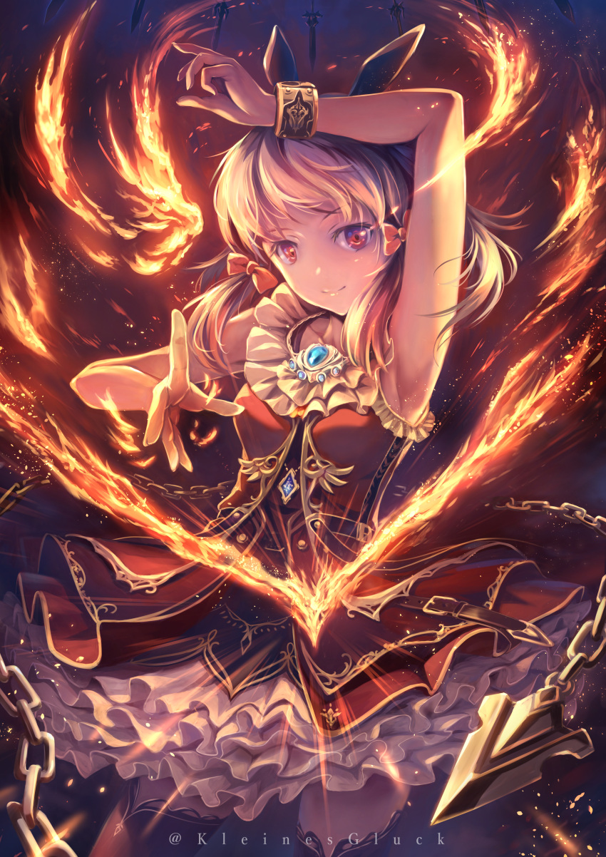 1girl absurdres amulet arm_above_head armpits bangs belt blonde_hair bow chain cowboy_shot dress embers fantasy fire frilled_dress frills gold_trim hair_bow highres looking_at_viewer low_twintails original pyrokinesis red_bow red_dress red_eyes smile solo soraizumi thigh-highs twintails twitter_username