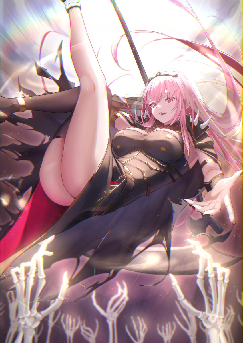 1girl absurdres ass bangs black_dress black_legwear blush breasts death_(entity) dress eyebrows_visible_through_hair grim_reaper highres hololive hololive_english large_breasts legs long_hair looking_at_viewer mori_calliope nail_polish pink_eyes pink_hair red_eyes scythe single_thighhigh skeletal_arm smile solo sora_shitatoge thigh-highs virtual_youtuber weapon