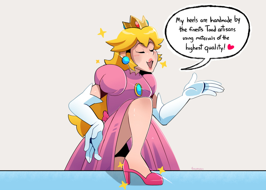 1girl blush crown dress earrings elbow_gloves english_commentary english_text gloves high_heels highres jewelry open_mouth pink_dress pink_footwear princess_peach smile solo sparkle speech_bubble super_mario_bros. thegreyzen white_gloves