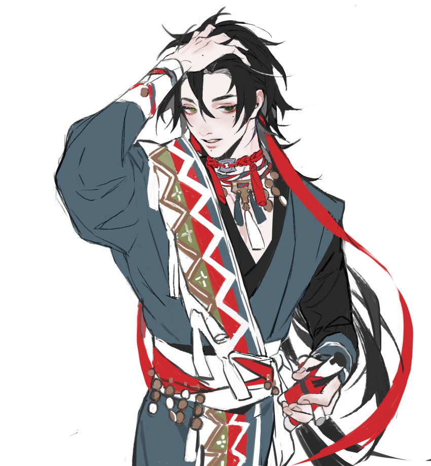 1boy absurdres black_hair blue_robe coin_(ornament) cowboy_shot doll elrohirz eyelashes green_eyes hair_between_eyes hair_ribbon hand_in_own_hair hand_on_own_head hand_up highres holding holding_doll jewelry long_hair long_sleeves looking_at_viewer male_focus mole mole_on_hand mole_under_eye mole_under_mouth necklace original red_ribbon ribbon sash simple_background sketch solo tassel white_background