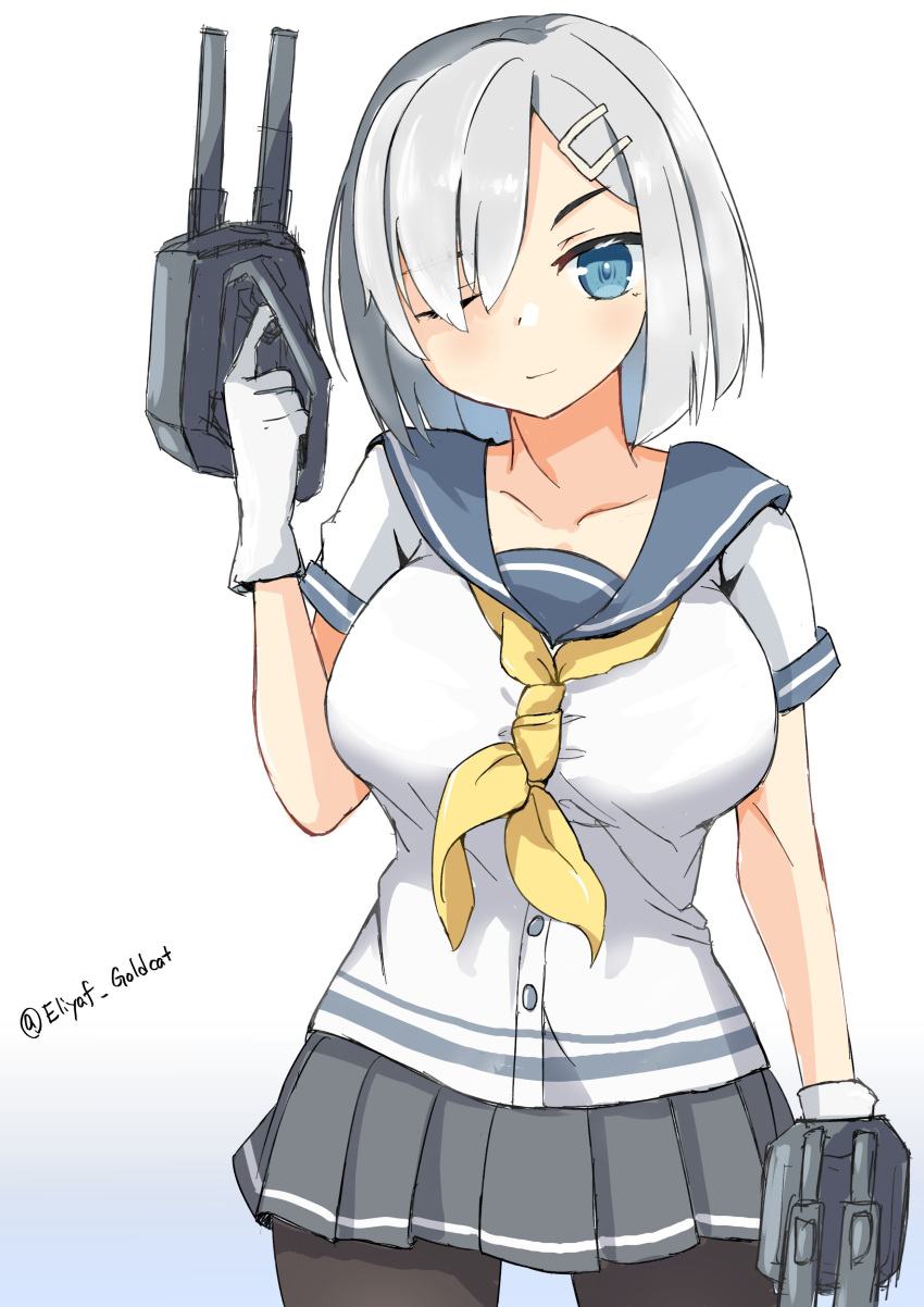 1girl absurdres adapted_turret bangs black_legwear blue_eyes breasts cannon cowboy_shot gloves grey_sailor_collar grey_skirt hair_ornament hair_over_one_eye hairclip hamakaze_(kancolle) highres kantai_collection kinneko_garuru large_breasts looking_at_viewer neckerchief one-hour_drawing_challenge pantyhose pleated_skirt sailor_collar school_uniform serafuku short_hair short_sleeves simple_background skirt solo turret twitter_username white_background white_gloves white_hair yellow_neckerchief