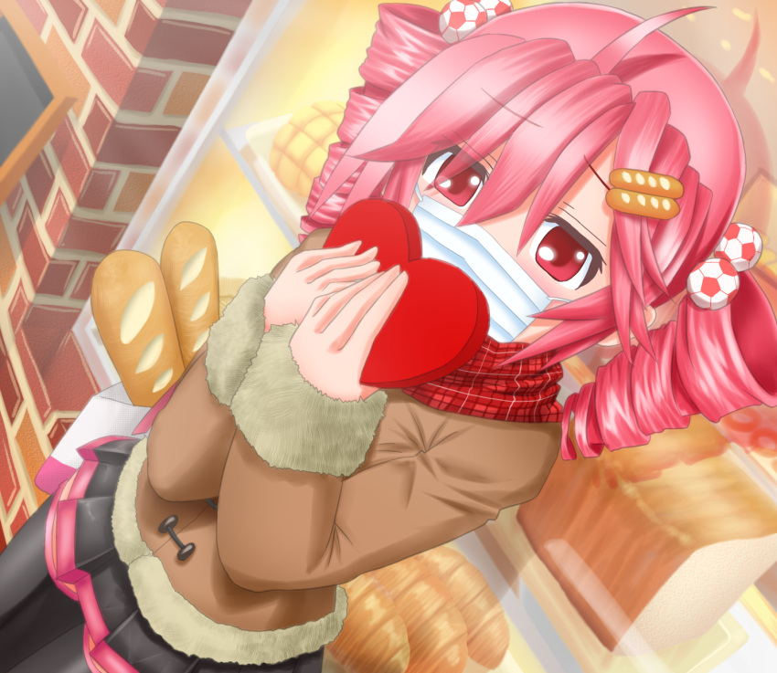 1girl ahoge baguette bakery bangs blush box bread coat covered_mouth drill_hair duffel_coat eyebrows_visible_through_hair food food-themed_hair_ornament from_above fur_trim hair_bobbles hair_ornament heart-shaped_box highres holding holding_box jitome kasane_teto kazu-chan leaning_back looking_at_viewer looking_up mask medium_hair mouth_mask pink_eyes pink_hair plaid plaid_scarf pleated_skirt scarf shop skirt solo surgical_mask thigh-highs tote_bag twin_drills utau valentine window zettai_ryouiki