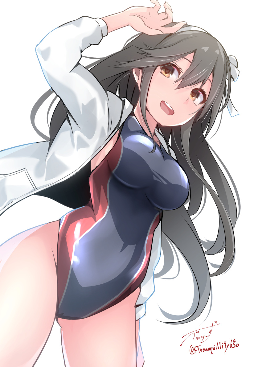 1girl absurdres alternate_costume baileys_(tranquillity650) blue_swimsuit breasts brown_eyes competition_swimsuit covered_navel from_below grey_hair hairband haruna_(kancolle) highleg highleg_swimsuit highres jacket kantai_collection large_breasts long_hair long_sleeves multicolored_clothes multicolored_swimsuit one-piece_swimsuit open_clothes open_jacket red_swimsuit solo swimsuit white_hairband white_jacket