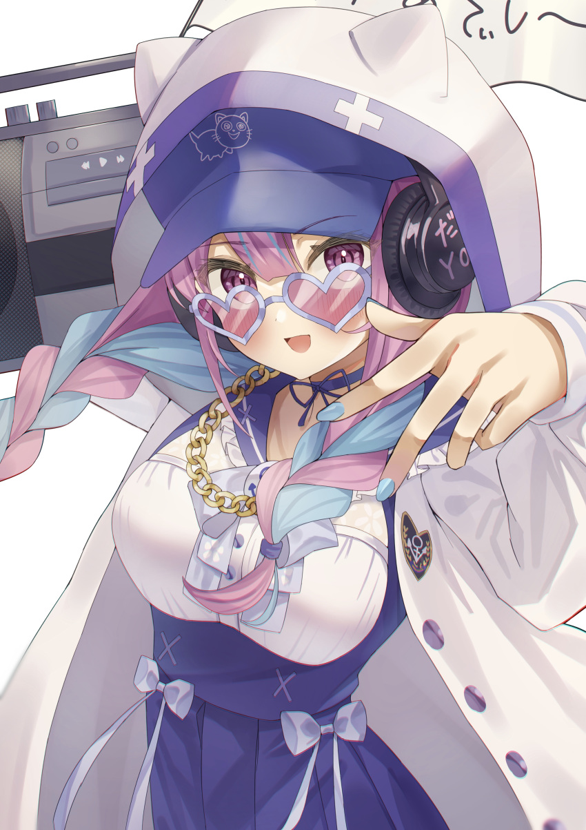 1girl :d absurdres anchor_symbol bangs baseball_cap black_choker blue_hair blue_headwear blue_skirt bow braid breasts chain character_profile choker collarbone commentary_request eyebrows_visible_through_hair flag gold_chain grey_bow hair_between_eyes hat headphones highres hololive hood hood_up hooded_jacket jacket long_hair long_sleeves looking_at_viewer medium_breasts minato_aqua multicolored_hair neko_(minato_aqua) on_shoulder open_clothes open_jacket pink_hair pleated_skirt puffy_long_sleeves puffy_sleeves rykysd shirt simple_background skirt smile solo stereo streaked_hair translation_request twin_braids twintails violet_eyes virtual_youtuber white_background white_jacket white_shirt