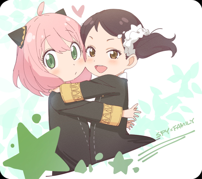 2girls :d ahoge anya_(spy_x_family) bangs becky_blackbell black_dress black_hair blush brown_eyes closed_mouth commentary_request copyright_name cropped_torso dress eyebrows_visible_through_hair green_eyes hair_between_eyes heart hug jigatei_(omijin) long_sleeves multiple_girls outstretched_arms parted_bangs pink_hair smile spy_x_family star_(symbol) twintails upper_body