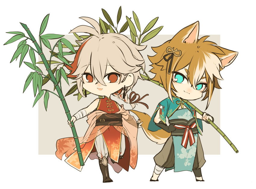 2boys alternate_costume animal_ears aqua_eyes bamboo bandaged_arm bandages bangs black_gloves branch brown_hair chibi chinese_clothes crossed_bangs dog_boy dog_ears dog_tail earrings genshin_impact gloves gorou_(genshin_impact) grey_hair hair_between_eyes hair_ornament hand_on_hip highres holding jewelry kaedehara_kazuha male_focus multiple_boys parted_lips red_eyes redhead ryu_genshin77 simple_background single_earring sleeveless standing tail white_hair