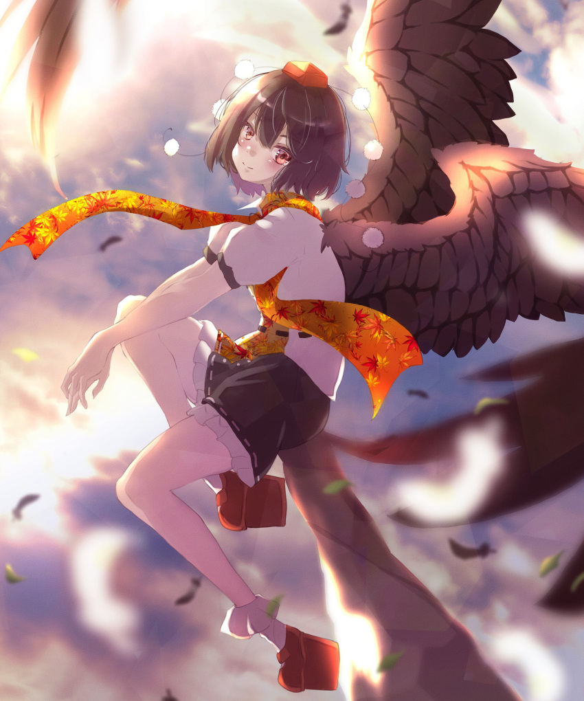 1girl absurdres belt bird_wings black_belt black_feathers black_hair black_skirt black_wings bobby_socks commentary_request feathered_wings frilled_skirt frills geta gumi_(fwjn7284) hat headband highres leaf-pattern_stripe miniskirt orange_scarf outdoors pom_pom_(clothes) puffy_short_sleeves puffy_sleeves red_footwear red_headband scarf shameimaru_aya shirt short_hair short_sleeves sitting skirt socks solo tengu-geta tokin_hat touhou white_shirt wings