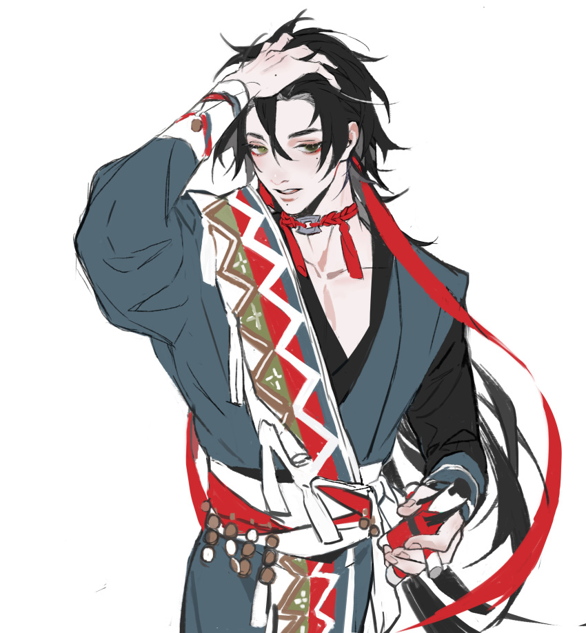 1boy absurdres black_hair blue_robe coin_(ornament) cowboy_shot doll elrohirz eyelashes green_eyes hair_between_eyes hair_ribbon hand_in_own_hair hand_on_own_head hand_up highres holding holding_doll jewelry long_hair long_sleeves looking_at_viewer male_focus mole mole_on_hand mole_under_eye mole_under_mouth necklace original pectoral_cleavage pectorals red_ribbon ribbon sash simple_background sketch solo tassel white_background