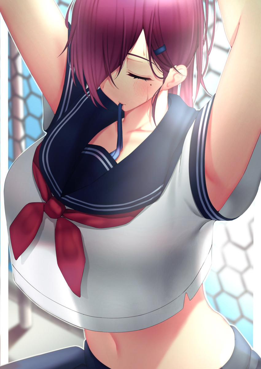 1girl arms_up azur_lane black_sailor_collar black_skirt blue_ribbon breasts chain-link_fence closed_eyes crop_top crop_top_overhang day fence hair_over_one_eye highres large_breasts long_hair midriff miyuki_(9029009) mole mole_under_eye mouth_hold navel neckerchief official_alternate_costume outdoors purple_hair red_neckerchief ribbon sailor_collar school_uniform see-through see-through_shirt see-through_silhouette shirt shirt_overhang short_sleeves skirt solo trieste_(azur_lane) trieste_(rooftop_lunch_break)_(azur_lane) tying_hair white_shirt