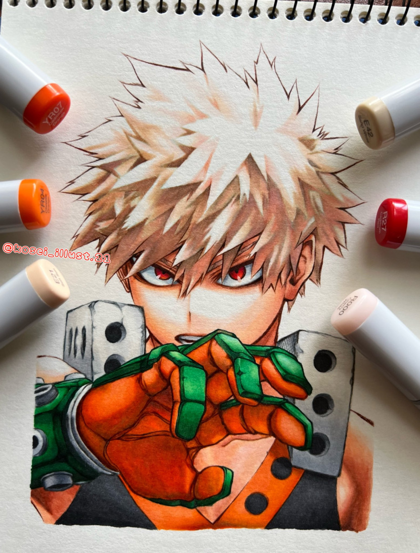 1boy bakugou_katsuki black_bodysuit blonde_hair bodysuit boku_no_hero_academia collarbone commentary_request gloves green_gloves hand_up highres instagram_username kosei_illust21 looking_at_viewer male_focus marker marker_(medium) multicolored_clothes multicolored_gloves multiple_sources open_mouth orange_gloves red_eyes short_hair sidelocks solo traditional_media