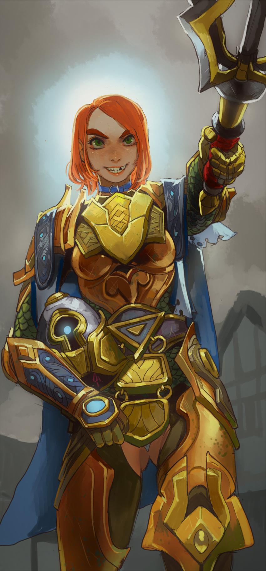 1girl absurdres armor ass_visible_through_thighs blue_cape boobplate cape commission copyright_request crooked_teeth gauntlets greaves green_eyes headwear_removed helmet helmet_removed highres holding holding_weapon looking_at_viewer mossacannibalis orange_hair smile solo standing weapon