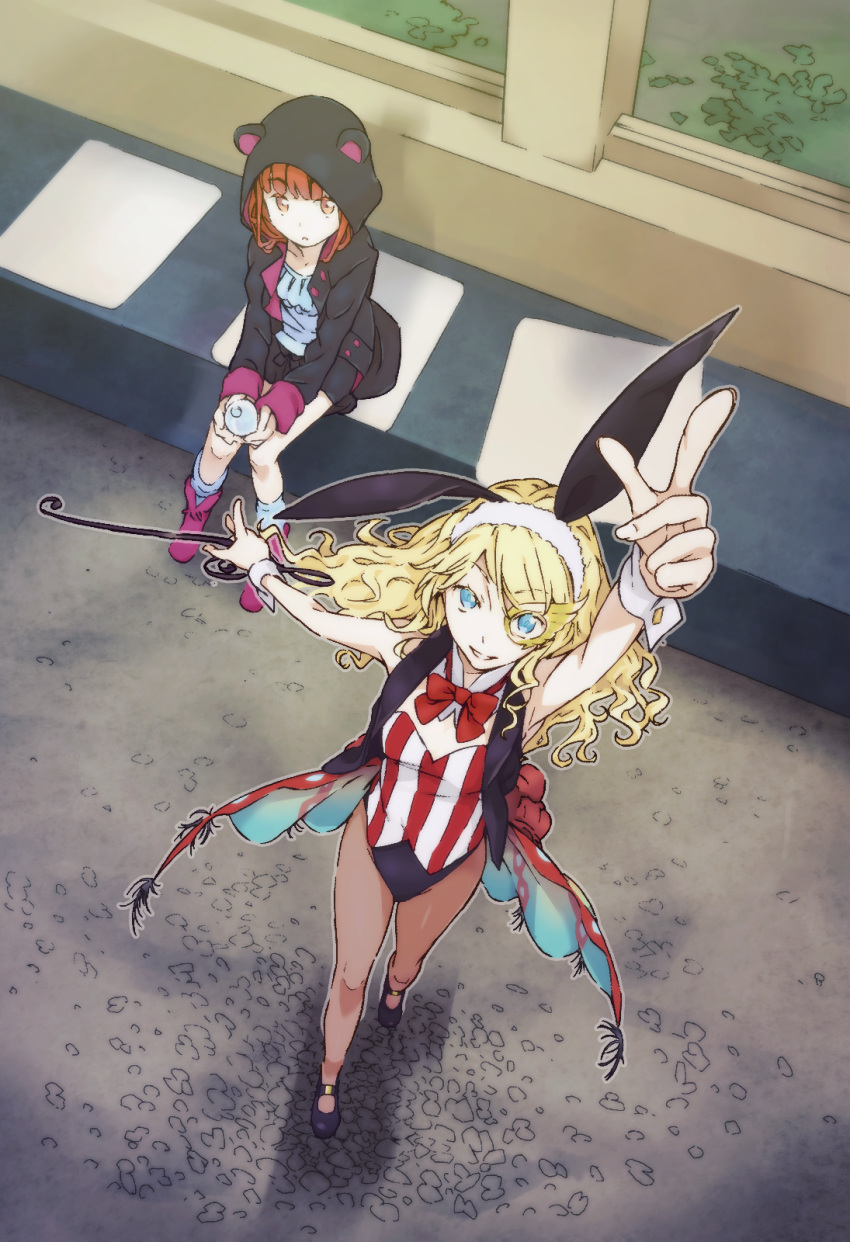 2girls animal_ears arm_up armpits bare_shoulders black_footwear black_hoodie blonde_hair blue_eyes bow bowtie breasts brown_eyes brown_hair brown_legwear colorized commentary dot_nose eyebrows_visible_through_hair fake_animal_ears full_body gazing_eye haimura_kiyotaka highres holding hood hoodie kanou_shinka leotard long_hair long_sleeves looking_at_another looking_at_viewer looking_up medium_breasts monocle multiple_girls novel_illustration official_art outdoors outstretched_arm pantyhose parted_lips pink_footwear playboy_bunny pointing pointing_up rabbit_ears red_bow red_bowtie sitting sleeveless smile spoilers st._germain standing strapless strapless_leotard teeth thighs toaru_majutsu_no_index toaru_majutsu_no_index:_new_testament white_wristband wristband