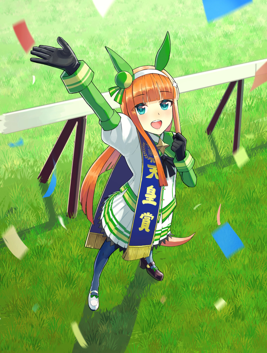 1girl absurdres animal_ears arm_up asymmetrical_footwear bangs black_footwear black_gloves blue_legwear blunt_bangs confetti day ear_covers fence from_above full_body gloves grass green_eyes hairband highres horse_ears horse_girl horse_tail jacket juliet_sleeves long_hair long_sleeves looking_at_viewer looking_up mismatched_footwear open_mouth orange_hair outdoors outstretched_arm puffy_sleeves silence_suzuka_(umamusume) skirt smile solo standing tail tokiwa_png umamusume white_footwear white_jacket white_skirt
