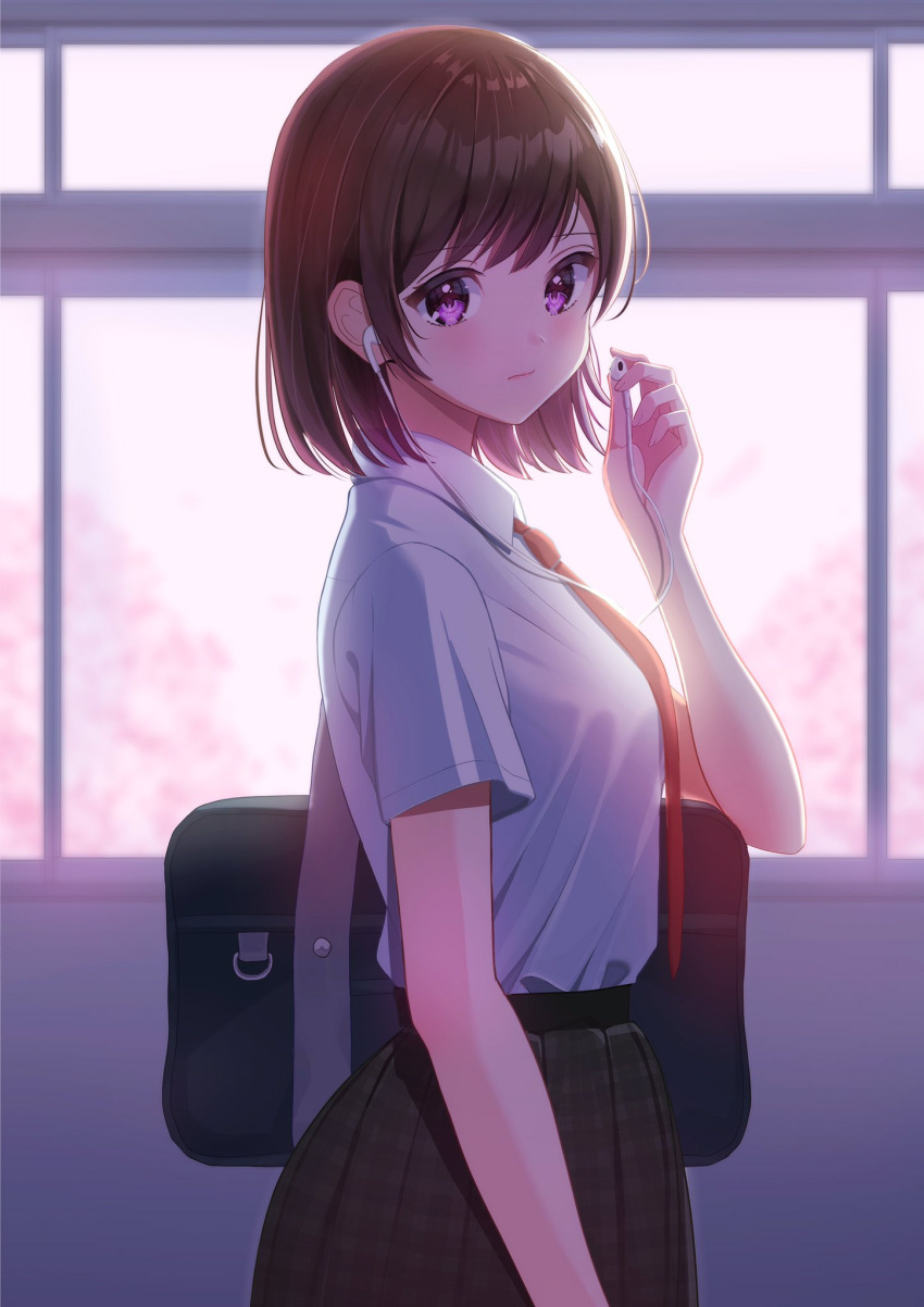 1girl bag bangs black_skirt brown_hair closed_mouth collared_shirt earphones from_side highres indoors looking_at_viewer nao_(nao85364) necktie original plaid plaid_skirt pleated_skirt red_necktie school_bag school_uniform shiny shiny_hair shirt short_hair skirt solo standing violet_eyes white_shirt wing_collar