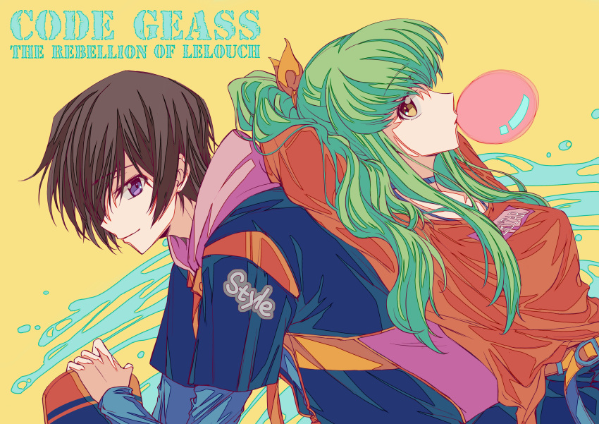 1boy 1girl absurdres arms_behind_back brown_eyes brown_hair bubble_blowing c.c. closed_mouth code_geass copyright_name from_side green_hair highres layered_sleeves lelouch_lamperouge long_hair long_sleeves okuseric orange_shirt profile shirt short_hair short_over_long_sleeves short_sleeves smile very_long_hair violet_eyes yellow_background