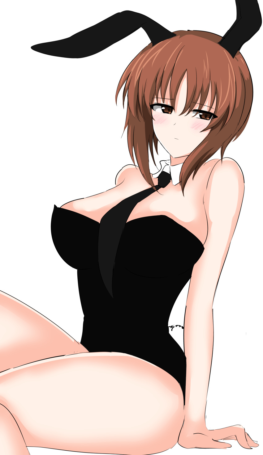 1girl absurdres aikir_(jml5160) animal_ears bangs bare_legs black_leotard black_necktie blush breasts brown_eyes brown_hair closed_mouth commentary detached_collar fake_animal_ears fake_tail girls_und_panzer half-closed_eyes highres knee_up large_breasts leotard light_frown looking_at_viewer necktie nishizumi_miho playboy_bunny rabbit_ears rabbit_tail short_hair simple_background sitting solo strapless strapless_leotard tail white_background