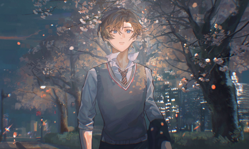 1boy artem_wing_(tears_of_themis) blue_eyes brown_hair grey_vest highres long_sleeves necktie night night_sky open_mouth outdoors polo_shirt red_necktie scenery school_uniform shirt short_hair sky solo tears_of_themis tree vest white_shirt xiachuantong233