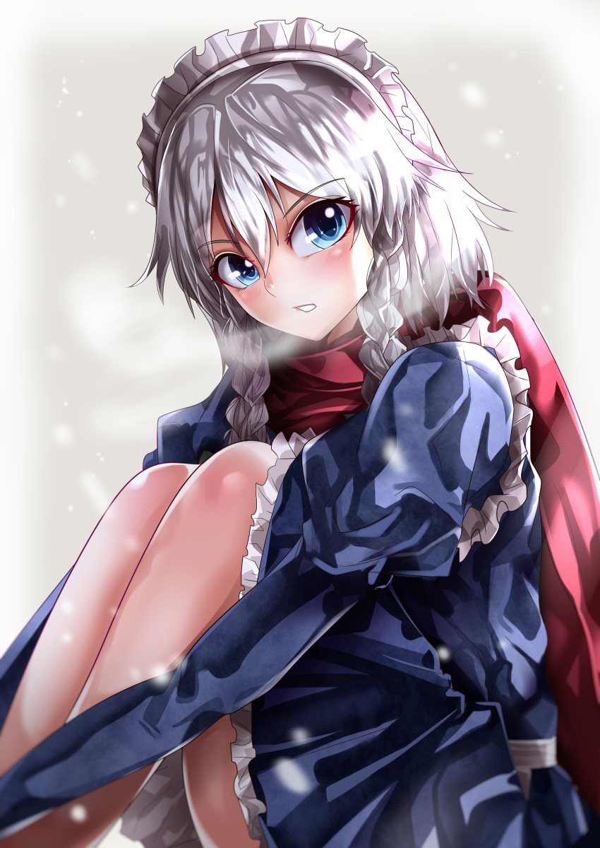 1girl absurdres adapted_costume blue_eyes blue_shirt blue_skirt blurry blush braid commentary_request depth_of_field eyebrows_visible_through_hair feet_out_of_frame frilled_skirt frills from_side grey_background grey_hair hair_between_eyes highres hugging_own_legs izayoi_sakuya juliet_sleeves long_sleeves looking_at_viewer looking_to_the_side maboroshi_mochi maid_headdress medium_hair open_mouth puffy_sleeves red_scarf scarf shiny shiny_hair shirt simple_background skirt solo teeth touhou twin_braids winter_clothes