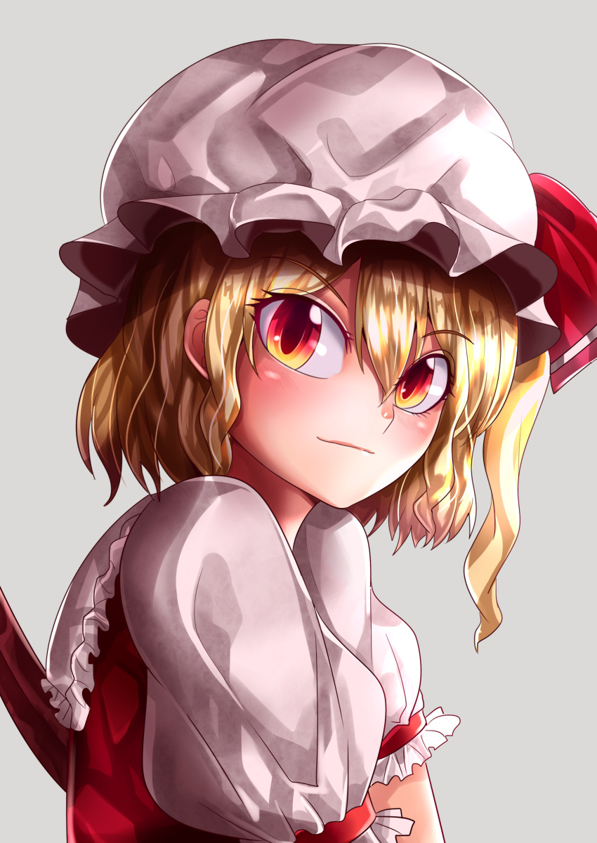 1girl absurdres blonde_hair blush closed_mouth flandre_scarlet frilled_shirt_collar frilled_sleeves frills from_side grey_background hat hat_ribbon highres looking_at_viewer looking_to_the_side maboroshi_mochi medium_hair mob_cap orange_eyes puffy_short_sleeves puffy_sleeves red_ribbon red_vest ribbon shiny shiny_hair shirt short_sleeves side_ponytail simple_background solo touhou upper_body vest white_headwear white_shirt wings