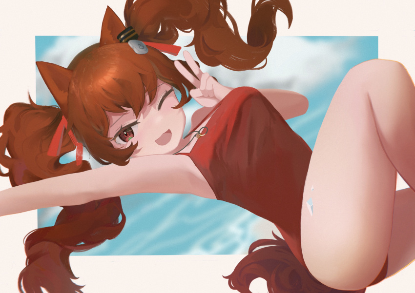 1girl absurdres angelina_(arknights) angelina_(summer_flowers)_(arknights) animal_ears arknights arm_up black_collar blue_sky breasts brown_background brown_hair casual_one-piece_swimsuit clouds cloudy_sky collar covered_navel cowboy_shot dutch_angle eyebrows_visible_through_hair fox_ears fox_girl fox_tail gradient hair_between_eyes highres infection_monitor_(arknights) looking_at_viewer official_alternate_costume one-piece_swimsuit one_eye_closed open_mouth red_eyes red_swimsuit sky smilaugh smile solo standing standing_on_one_leg swimsuit tail twintails v white_background
