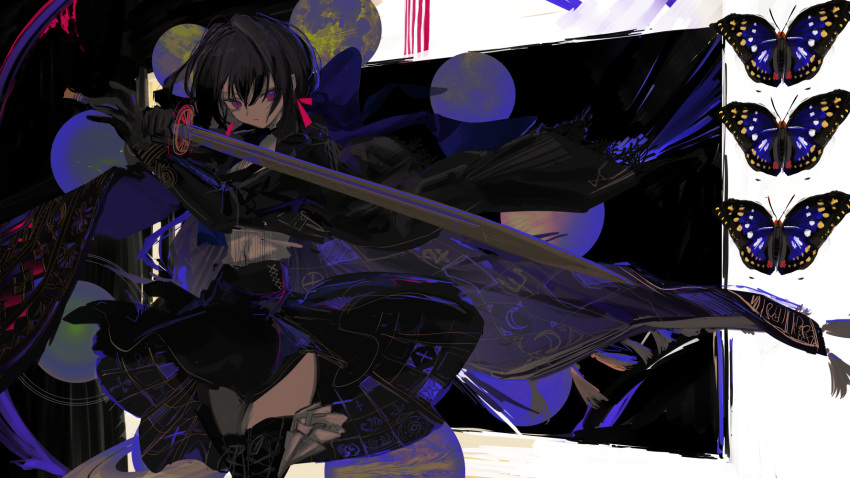 1girl black_cape black_dress black_gloves black_hair black_legwear bug butterfly cape closed_mouth dress gloves highres holding holding_sword holding_weapon looking_at_viewer moon moon_phases narue original sash solo sword thigh-highs two-handed violet_eyes weapon wind wind_lift