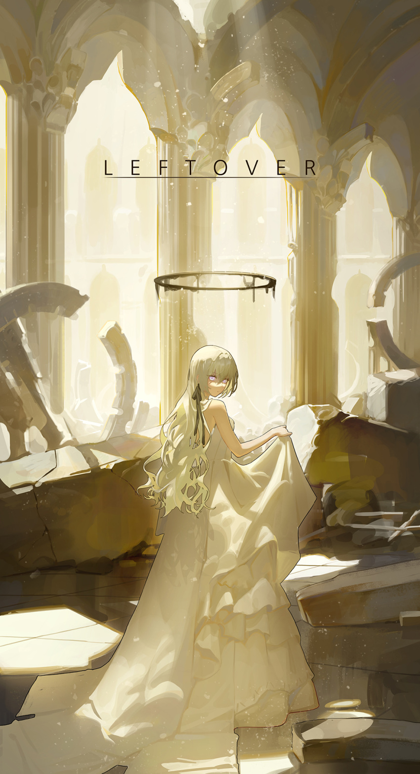 1girl black_ribbon column dress english_text expressionless hair_ribbon halo highres light_rays looking_at_viewer looking_back original pillar ribbon ruins skirt_hold sleeveless sleeveless_dress solo violet_eyes white_dress white_hair yyydddd0