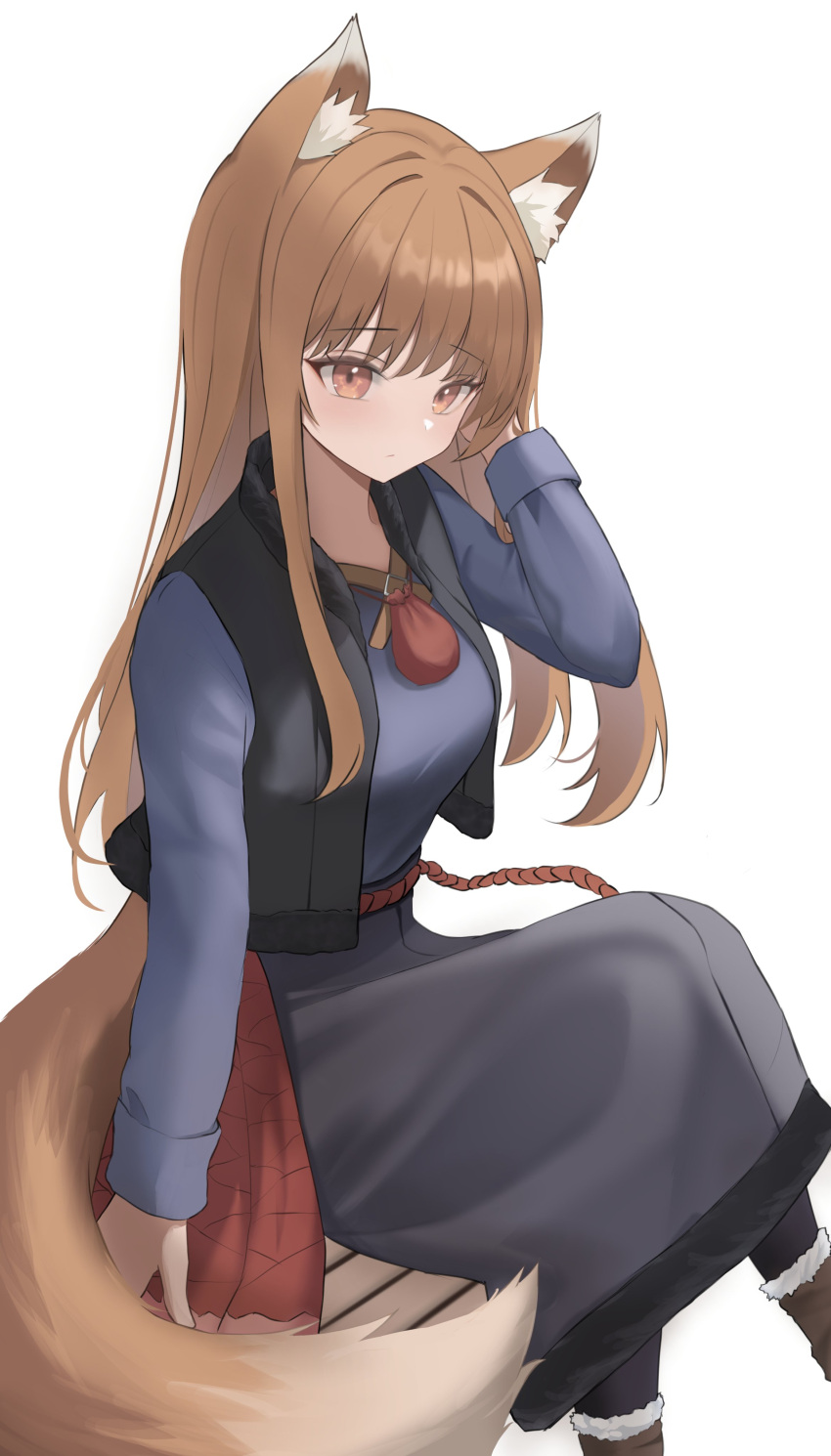 1girl absurdres animal_ear_fluff animal_ears bangs black_vest blue_shirt brown_hair eyebrows_visible_through_hair fur-trimmed_skirt fur_trim grey_skirt hand_in_own_hair highres holo long_hair long_skirt long_sleeves open_clothes open_vest orange_eyes shiny shiny_hair shirt simple_background sitting skirt solo spice_and_wolf straight_hair tail ttusee5 very_long_hair vest white_background wolf_ears wolf_girl wolf_tail