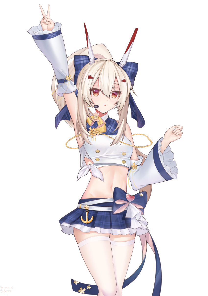 1girl absurdres ahoge arm_up armpits ayanami_(azur_lane) ayanami_(low-key_idol_@confused)_(azur_lane) azur_lane bangs bow commentary_request detached_sleeves eyebrows_visible_through_hair hair_between_eyes hair_bow hair_ornament hair_ribbon hairclip headgear highres light_brown_hair long_hair looking_at_viewer microphone nanzii_shengtu_a navel orange_eyes parted_lips pleated_skirt ponytail pose retrofit_(azur_lane) ribbon sidelocks simple_background skirt solo stomach thigh-highs v white_background white_legwear wide_sleeves zettai_ryouiki