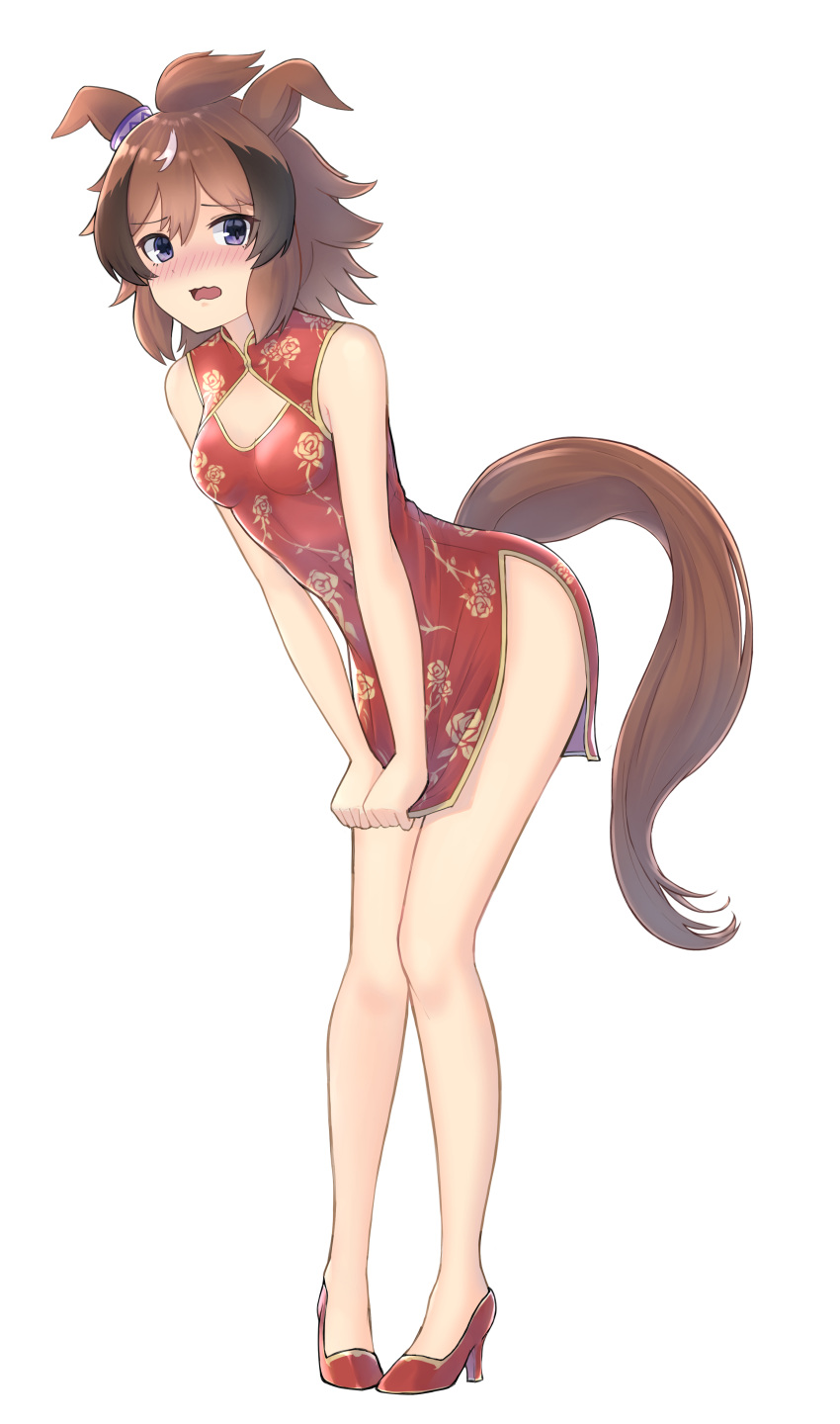 1girl absurdres alternate_costume animal_ears bangs bare_arms bare_legs blush breasts brown_hair cha_seiga china_dress chinese_clothes cleavage_cutout clothing_cutout dress dress_tug ears_down embarrassed full_body high_heels highres horse_ears horse_girl horse_tail leaning_forward looking_at_viewer medium_hair multicolored_hair nose_blush open_mouth red_dress red_footwear shinko_windy_(umamusume) side_slit simple_background sleeveless sleeveless_dress small_breasts solo standing tail umamusume violet_eyes white_background