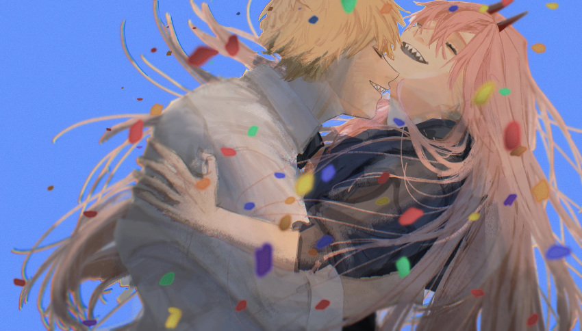 1boy 1girl black_necktie blonde_hair blue_background chainsaw_man closed_eyes confetti day denji_(chainsaw_man) happy highres horns hug long_hair looking_up necktie open_mouth pink_hair power_(chainsaw_man) red_horns sharp_teeth short_hair smile tasuketemama teeth