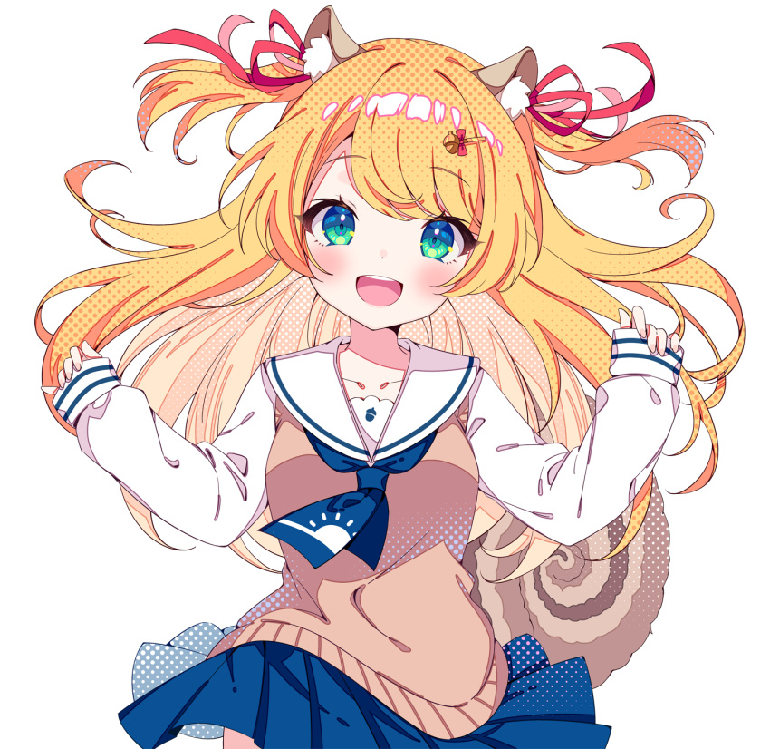 1girl :d animal_ears blonde_hair blue_neckerchief blue_skirt blush breasts brown_cardigan cardigan character_request collarbone commentary_request cowboy_shot eyebrows_visible_through_hair green_eyes hair_ornament hands_up highres indie_virtual_youtuber long_hair neckerchief open_mouth pleated_skirt red_ribbon ribbon sailor_collar shirt short_twintails simple_background skirt sleeveless sleeveless_sweater sleeves_past_wrists smile solo squirrel_ears squirrel_tail sweater tail tatejima_uri twintails two_side_up virtual_youtuber white_background white_sailor_collar white_shirt