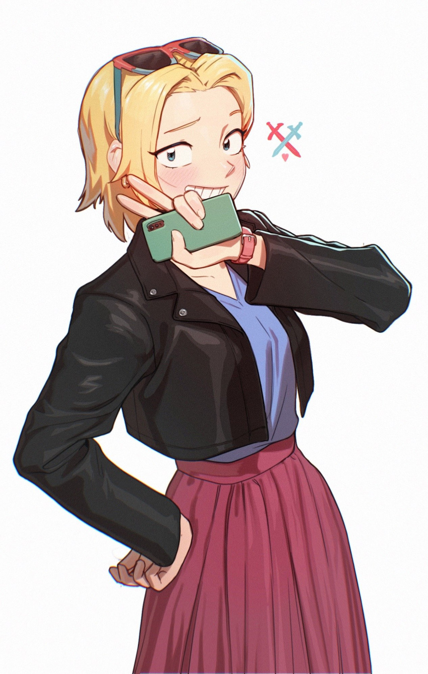 1girl amphibia arm_up black_jacket blonde_hair blue_eyes blue_shirt blush cellphone earrings eyewear_on_head hand_on_hip highres jacket jewelry long_skirt looking_at_viewer mature_female phone pink_skirt quiroring sasha_waybright scar scar_on_cheek scar_on_face shirt short_hair skirt smile solo sunglasses teeth v