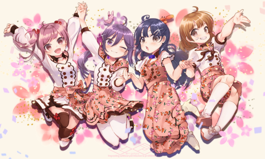 4girls ahoge akebono_(kancolle) animal black_hair blush brown_eyes crab hair_between_eyes hair_ornament hairclip kantai_collection light_brown_hair long_hair multiple_girls n:go oboro_(kancolle) official_alternate_costume one_eye_closed open_mouth pet pink_eyes pink_hair purple_hair rabbit sazanami_(kancolle) short_hair smile ushio_(kancolle) violet_eyes