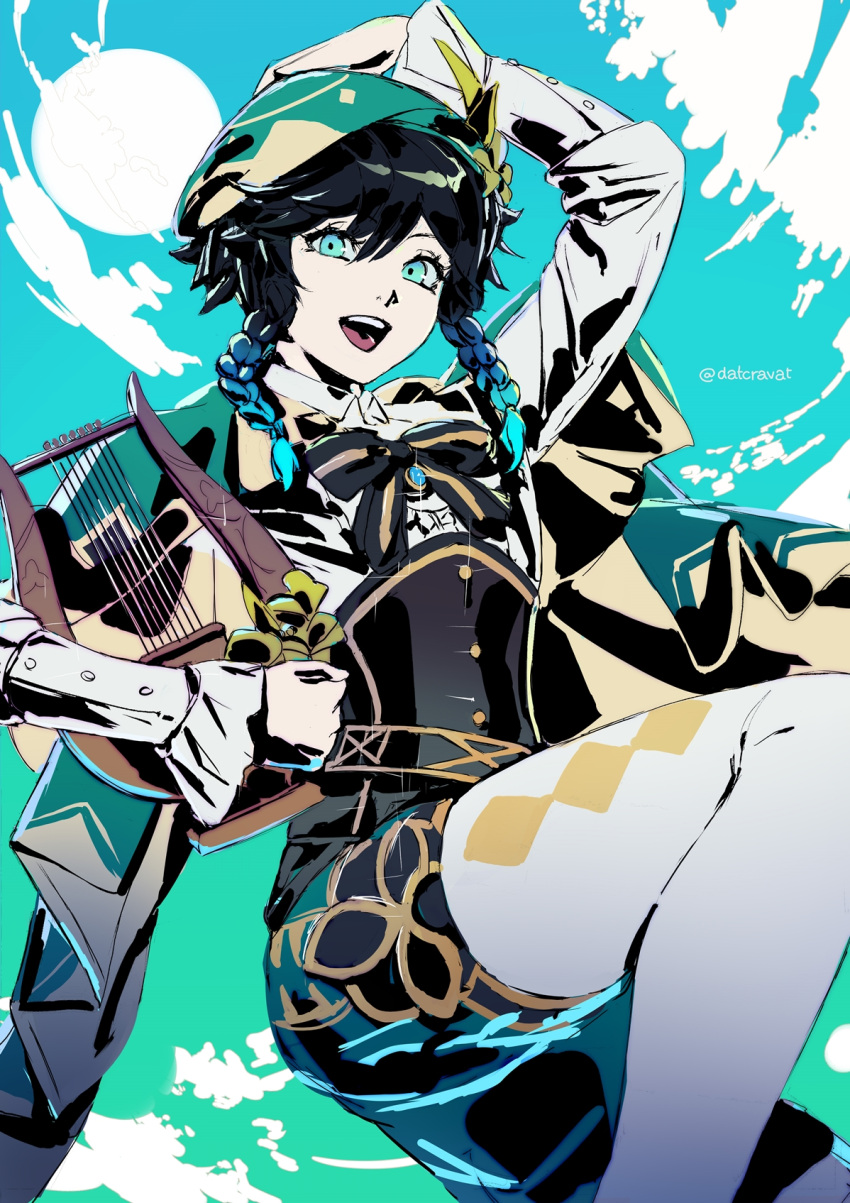 1boy androgynous aqua_eyes aqua_hair bangs beret black_hair blue_sky bow braid cape clouds collared_cape commentary datcravat flower frilled_sleeves frills genshin_impact gold_trim gradient_hair gradient_sky green_cape green_headwear green_shorts green_sky hand_on_own_head hat hat_flower highres holding holding_instrument instrument juliet_sleeves long_sleeves looking_at_viewer lyre male_focus multicolored_hair open_mouth pantyhose puffy_sleeves shirt short_hair_with_long_locks shorts side_braids signature sky smile solo sun twin_braids twitter_username venti_(genshin_impact) white_flower white_legwear white_shirt