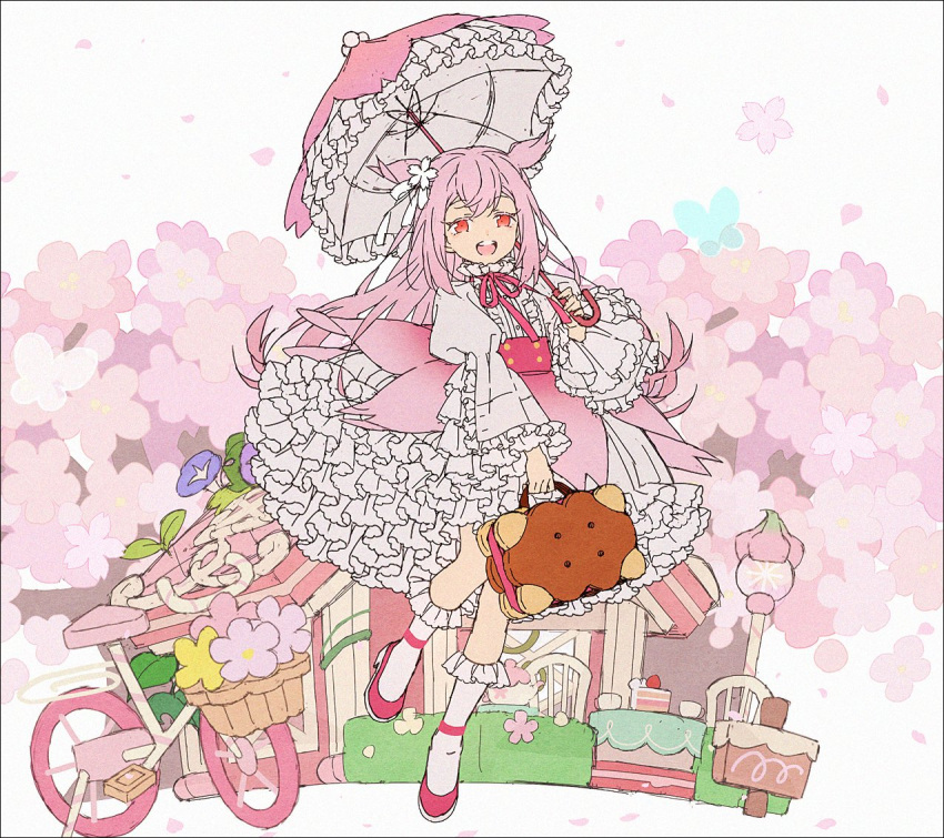 1girl :d basket bicycle briefcase cake cherry_blossom_cookie cherry_blossoms cookie cookie_run dress flower food frilled_sleeves frills ground_vehicle hair_flower hair_ornament hakusai_(tiahszld) holding holding_umbrella house humanization juliet_sleeves long_sleeves mailbox_(incoming_mail) neck_ribbon parasol petticoat pink_dress pink_flower pink_footwear pink_hair pink_ribbon puffy_sleeves ribbon smile socks solo tree two_side_up umbrella white_flower white_legwear wide_sleeves